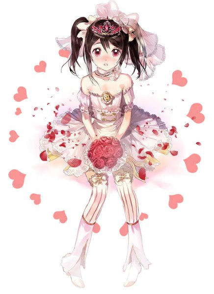 Anime picture 800x1100 with love live! school idol project sunrise (studio) love live! yazawa nico macciatto (aciel02) single long hair tall image looking at viewer open mouth black hair simple background red eyes white background sitting twintails bare shoulders holding from above short sleeves