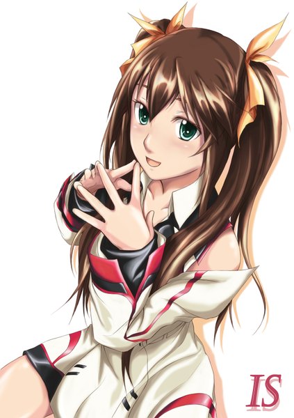 Anime picture 1200x1700 with infinite stratos 8bit fang linyin el-seluvia single long hair tall image blush open mouth simple background smile brown hair white background twintails green eyes long sleeves inscription girl uniform bow