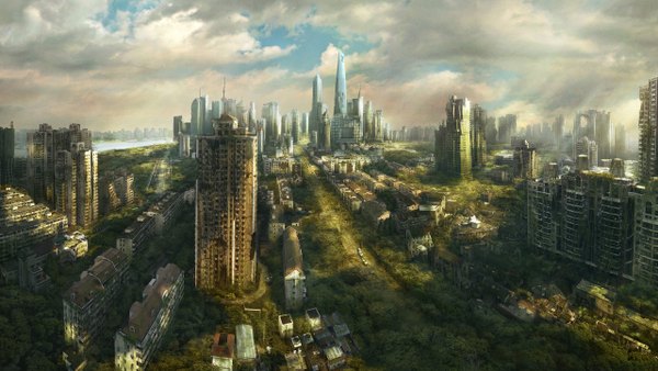 Anime picture 1280x722 with original wide image city cityscape ruins post-apocalyptic overgrown building (buildings)