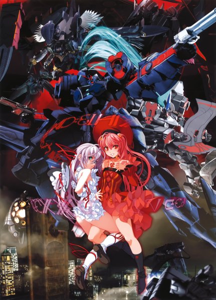 Anime picture 2420x3366 with demonbane al azif another blood demonbane (mecha) nishii (nitroplus) tall image highres light erotic red eyes multiple girls green eyes purple hair red hair grin city between legs girl skirt 2 girls hat