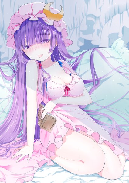 Anime picture 1000x1412 with touhou patchouli knowledge yamada ranga single long hair tall image looking at viewer blush light erotic sitting purple eyes purple hair girl frills headdress book (books) bonnet nightie