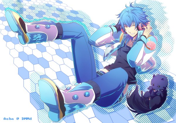 Anime picture 1200x840 with dramatical murder nitro+chiral aoba (dmmd) ren (dmmd) single long hair yellow eyes blue hair inscription boy jacket boots headphones dog blue jeans