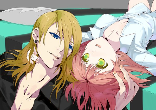 Anime picture 1050x742 with uta no prince-sama a-1 pictures jinguji ren nanami haruka (uta no prince-sama) tagme (artist) short hair blue eyes light erotic blonde hair sitting yellow eyes red hair lying nail polish open clothes open shirt couple hug pink nail polish girl