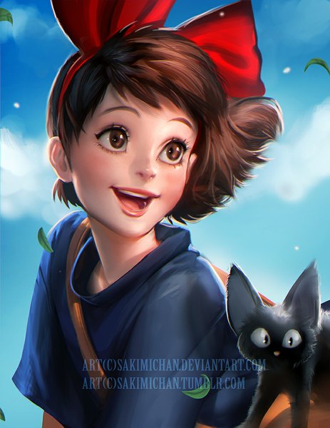 Anime picture 773x1000 with kiki's delivery service studio ghibli kiki jiji sakimichan single tall image short hair open mouth brown hair brown eyes signed looking away sky cloud (clouds) realistic watermark happy girl bow
