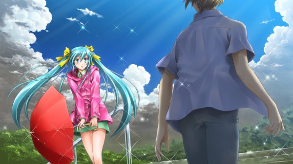 Anime picture 1280x720 with vocaloid hatsune miku long hair wide image twintails cloud (clouds) aqua eyes from behind aqua hair girl boy shirt umbrella
