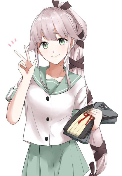 Anime picture 750x1077 with kantai collection yura light cruiser morinaga (harumori) single long hair tall image looking at viewer fringe simple background smile white background holding green eyes payot ponytail blunt bangs victory girl uniform ribbon (ribbons)