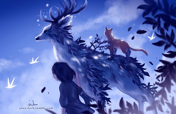 Anime picture 900x582 with original jon-lock (artist) fringe short hair black hair standing signed looking away sky cloud (clouds) horn (horns) flying girl animal bird (birds) leaf (leaves) cat deer