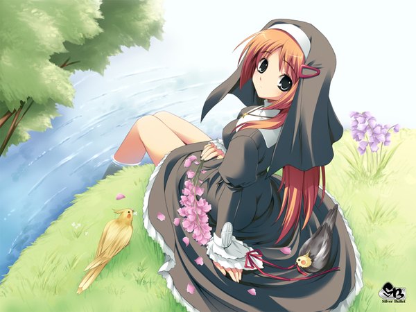 Anime picture 1600x1200 with silver bullet fukunaga yumi single long hair looking at viewer brown hair sitting payot full body bent knee (knees) outdoors long sleeves from above black eyes sunlight inscription bare legs copyright name hand on hip turning head
