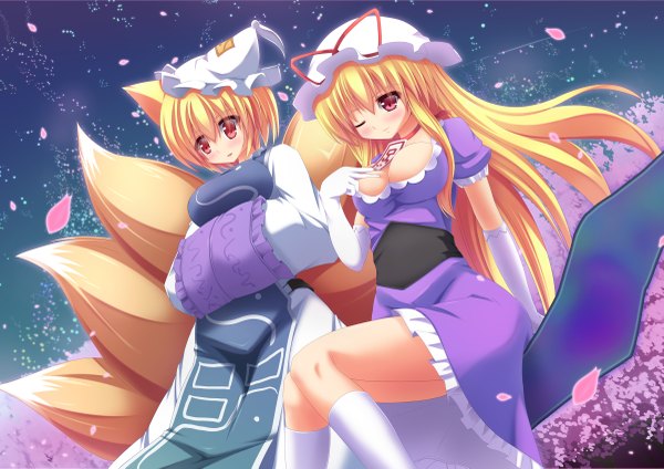 Anime picture 2400x1698 with touhou yakumo yukari yakumo ran liya long hair blush highres short hair breasts light erotic blonde hair red eyes large breasts multiple girls fox ears fox tail fox girl girl dress gloves