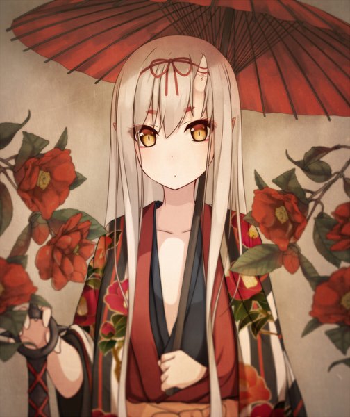 Anime picture 756x900 with original hiiragi hajime single long hair tall image looking at viewer fringe red eyes standing white hair traditional clothes japanese clothes horn (horns) blurry :o floral print eyebrows demon girl slit pupils oni horns