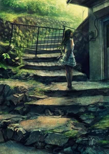 Anime picture 868x1228 with original uiroktkr long hair tall image fringe standing bare shoulders green hair sunlight looking up crossed arms hands behind back green background girl ribbon (ribbons) plant (plants) grass stairs fence stone (stones)
