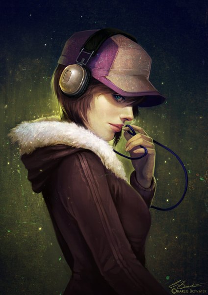 Anime picture 900x1274 with original empersand (artist) single tall image short hair blue eyes brown hair profile aqua eyes lips realistic light dark background girl jacket headphones fur wire (wires) flat cap winter clothes