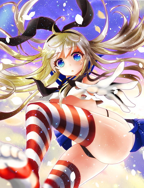 Anime picture 800x1040 with kantai collection shimakaze destroyer yuiyuimoe single long hair tall image fringe open mouth blue eyes light erotic blonde hair bare shoulders sky cloud (clouds) pleated skirt no shoes spread arms falling girl thighhighs