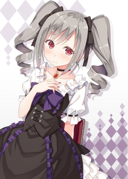Anime picture 800x1119 with idolmaster idolmaster cinderella girls kanzaki ranko hyuuga azuri single long hair tall image looking at viewer blush red eyes twintails grey hair embarrassed drill hair arm behind back girl dress bow hair bow choker