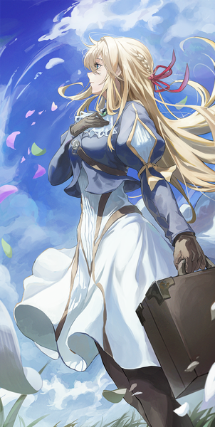 Anime picture 1563x3108 with violet evergarden kyoto animation violet evergarden (character) matsogum single long hair tall image fringe blonde hair hair between eyes looking away sky cloud (clouds) outdoors profile wind hand on chest girl dress gloves