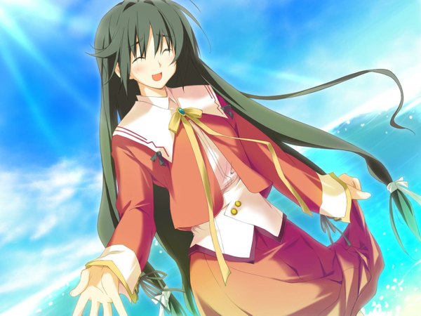 Anime picture 1600x1200 with happy margaret kitanoji nozomi kokonoka single long hair blush fringe open mouth black hair smile game cg sky cloud (clouds) eyes closed sunlight outstretched arm girl skirt uniform ribbon (ribbons)