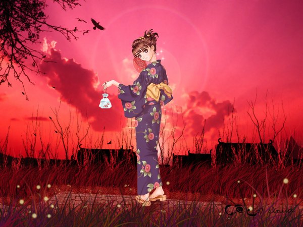 Anime picture 1280x960 with tony taka single short hair smile brown hair standing brown eyes sky full body outdoors traditional clothes japanese clothes floral print third-party edit red sky girl plant (plants) animal kimono bird (birds)