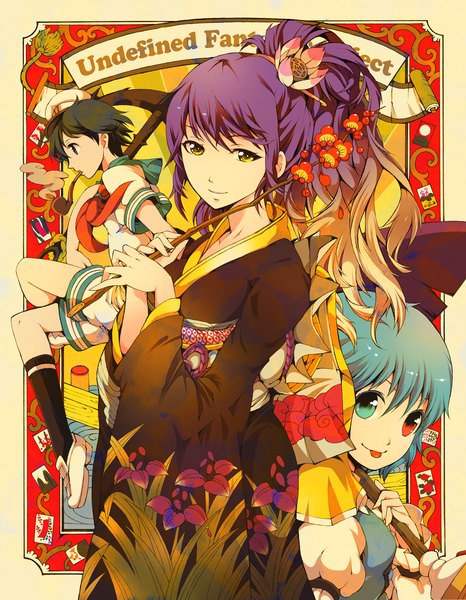 Anime picture 1200x1543 with touhou hijiri byakuren tatara kogasa murasa minamitsu ichizen (o tori) tall image looking at viewer short hair black hair smile multiple girls yellow eyes purple hair japanese clothes profile multicolored hair hair flower aqua hair two-tone hair heterochromia