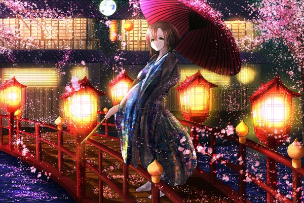 Anime picture 2110x1407 with kantai collection kaga aircraft carrier joooziaa single looking at viewer fringe highres brown hair standing yellow eyes long sleeves traditional clothes japanese clothes night wide sleeves night sky cherry blossoms floral print girl plant (plants)