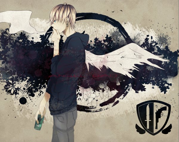 Anime picture 1000x793 with original saito yukihiro single short hair blonde hair standing holding ahoge profile aqua eyes inscription mouth hold smoke angel wings smoking angel boy flower (flowers) weapon earrings