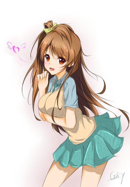 Anime picture 870x1249 with love live! school idol project sunrise (studio) love live! minami kotori kamikoto single long hair tall image looking at viewer blush fringe breasts open mouth simple background smile brown hair brown eyes signed pleated skirt girl