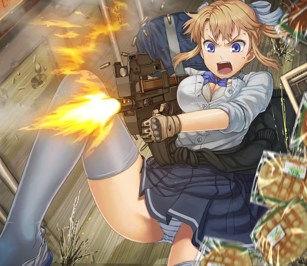 Anime picture 1600x1387 with original blonde girl (itou) itou (onsoku tassha) single short hair breasts open mouth blue eyes light erotic blonde hair large breasts open clothes pantyshot open shirt clothes around waist shot girl thighhighs skirt gloves