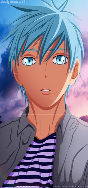 Anime picture 1616x3430 with kuroko no basket production i.g kuroko tetsuya m-shu single tall image looking at viewer short hair blue eyes blue hair cloud (clouds) coloring boy