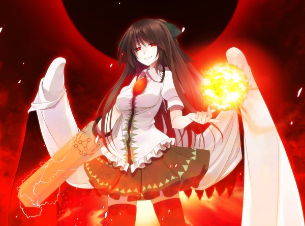 Anime picture 2170x1610 with touhou reiuji utsuho crote single long hair looking at viewer highres black hair smile red eyes arm cannon girl dress weapon wings fireball