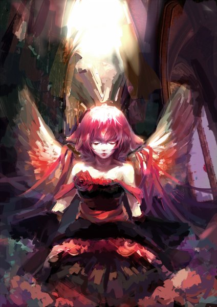 Anime picture 1240x1753 with touhou mystia lorelei antiquewhite single tall image short hair bare shoulders pink hair eyes closed sunlight girl dress flower (flowers) ribbon (ribbons) wings frills rose (roses) church