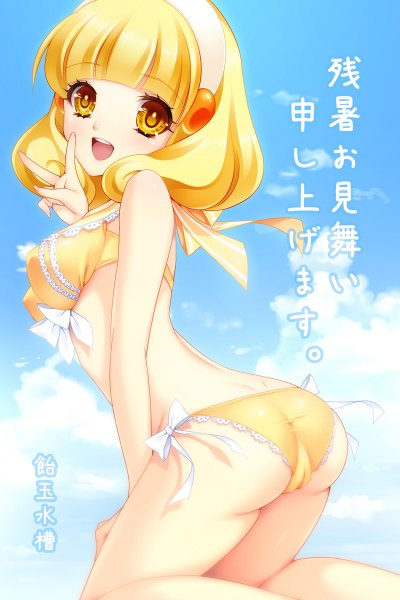 Anime picture 800x1200 with precure smile precure! toei animation kise yayoi momoi komomo single long hair tall image open mouth light erotic blonde hair yellow eyes cloud (clouds) girl swimsuit bikini hairband