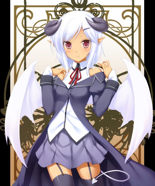 Anime picture 1000x1200 with original 47agdragon single tall image blush short hair red eyes white hair horn (horns) light smile demon girl girl skirt miniskirt wings