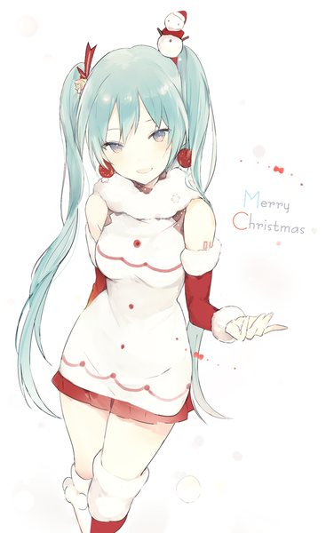 Anime picture 641x1021 with vocaloid hatsune miku lpip single long hair tall image looking at viewer open mouth simple background smile standing white background twintails aqua hair grey eyes fur trim christmas merry christmas girl thighhighs