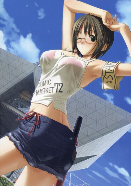 Anime picture 2113x3000 with yosuga no sora yorihime nao hashimoto takashi single tall image highres short hair light erotic black hair bare shoulders looking back from behind black eyes from below real world location girl glasses shorts armband tokyo big sight