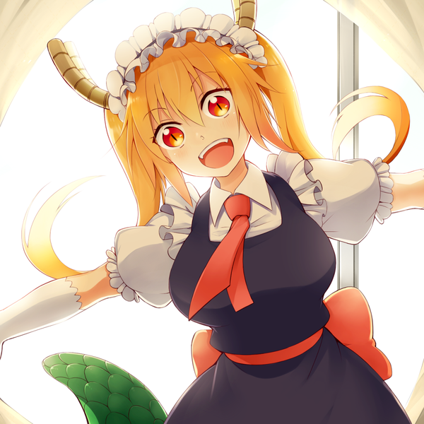 Anime picture 1125x1125 with kobayashi-san chi no maidragon kyoto animation tooru (maidragon) suyamunya single long hair fringe open mouth hair between eyes red eyes twintails payot head tilt :d horn (horns) orange hair maid puffy sleeves spread arms slit pupils