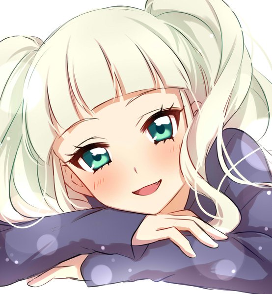 Anime picture 1109x1200 with aikatsu! toudou yurika sekina single long hair tall image looking at viewer blush fringe open mouth simple background smile white background twintails green eyes upper body white hair blunt bangs long sleeves head tilt