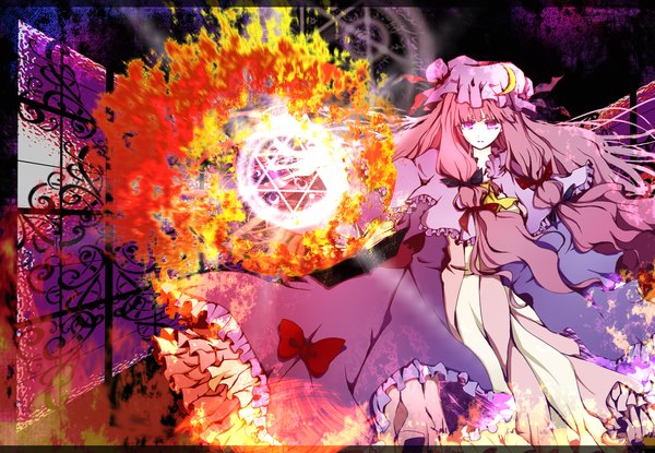 Anime picture 1480x1024 with touhou patchouli knowledge yume koucha long hair pink hair pink eyes magic girl dress bow hat fire magic circle