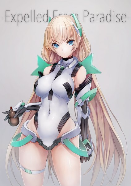 Anime picture 1202x1700 with expelled from paradise angela balzac taishi (picchiridou) single long hair tall image looking at viewer breasts blue eyes light erotic simple background blonde hair twintails inscription copyright name low twintails covered navel girl navel belt