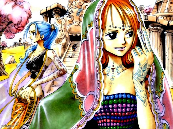 Anime picture 1024x768 with one piece toei animation nami (one piece) nefertari vivi long hair fringe short hair breasts standing bare shoulders multiple girls blue hair looking away cleavage upper body traditional clothes parted lips profile arm up black eyes