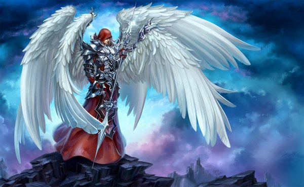 Anime picture 1366x841 with original kir-tat (artist) single short hair wide image white hair looking down boy weapon wings armor hood spear