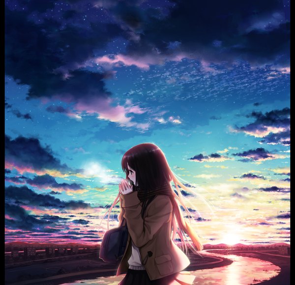 Anime picture 1240x1200 with original yuuno (yukioka) single long hair blush open mouth brown hair standing brown eyes looking away sky cloud (clouds) profile sunlight open clothes open jacket exhalation steam river cold