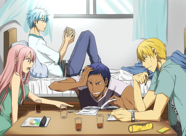 Anime picture 1200x879 with kuroko no basket production i.g kuroko tetsuya kise ryouta aomine daiki momoi satsuki long hair short hair blue eyes blonde hair blue hair pink hair profile aqua hair multiple boys sweat dark skin group reading girl