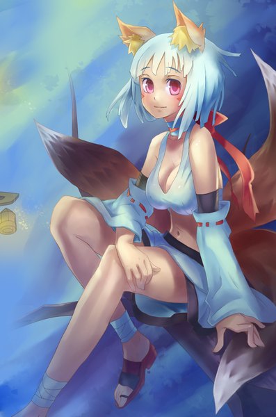 Anime picture 2480x3744 with original lascalis (artist) single tall image looking at viewer highres short hair bare shoulders white hair pink eyes fox ears fox tail fox girl girl skirt scarf bandage (bandages)