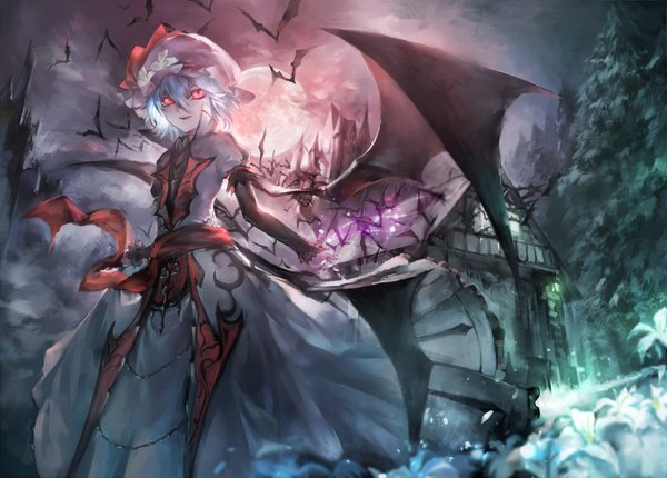Anime picture 2200x1577 with touhou koumajou densetsu remilia scarlet azomo single fringe highres short hair open mouth smile hair between eyes red eyes standing blue hair looking away sky cloud (clouds) outdoors :d night