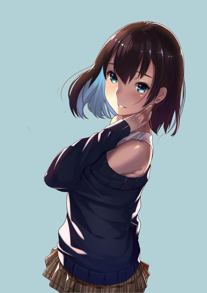 Anime picture 1280x1811 with original kagematsuri single tall image looking at viewer blush short hair blue eyes black hair simple background bare shoulders from above off shoulder blue background revision arm around neck girl sweater