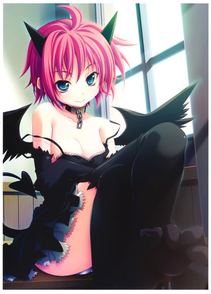 Anime picture 4484x6255 with original miyama zero single tall image blush highres short hair breasts light erotic smile sitting pink hair absurdres cleavage ahoge tail horn (horns) aqua eyes no shoes crossed legs