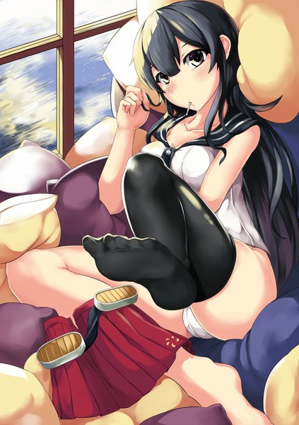 Anime picture 1153x1636 with kantai collection agano light cruiser 463 jun single long hair tall image looking at viewer light erotic black hair holding black eyes legs mouth hold girl thighhighs underwear panties black thighhighs pillow sailor suit