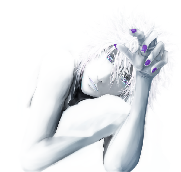 Anime picture 1017x963 with katekyou hitman reborn byakuran single short hair open mouth simple background white background purple eyes looking away white hair lying nail polish looking down boy