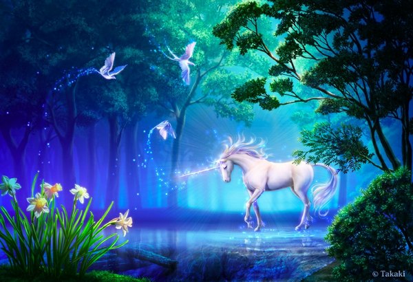 Anime picture 1024x701 with original takashi mare flower (flowers) plant (plants) animal tree (trees) water bird (birds) grass horse unicorn