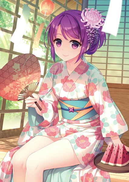 Anime picture 600x847 with original an2a single tall image looking at viewer short hair smile purple eyes purple hair traditional clothes japanese clothes hair flower girl hair ornament flower (flowers) kimono obi fan kanzashi