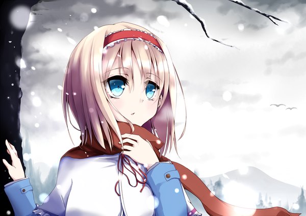 Anime picture 1280x906 with touhou alice margatroid soramuko single short hair blue eyes blonde hair looking away snowing winter exhalation girl hairband scarf